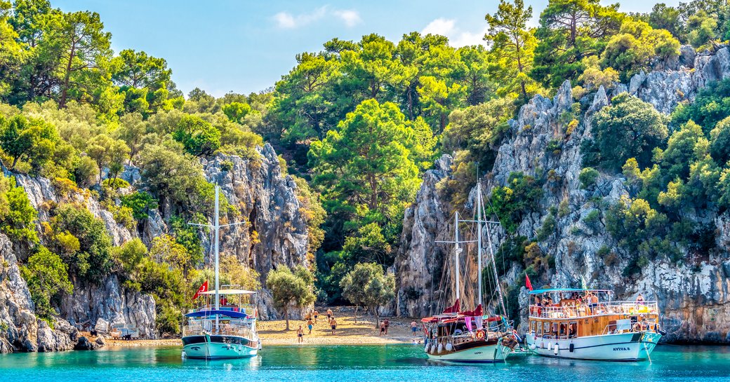 Beautiful mountain backdrop at Gocek bay Turkey