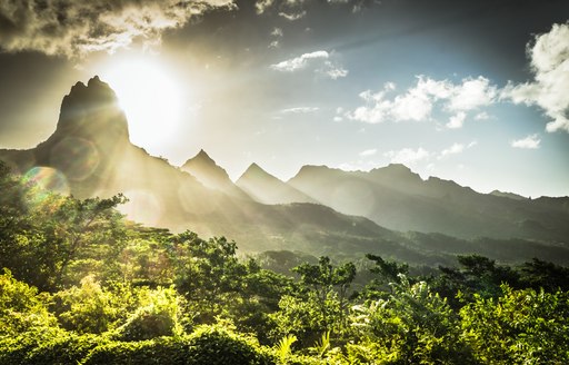 Lush mountain peaks on Moorea Island