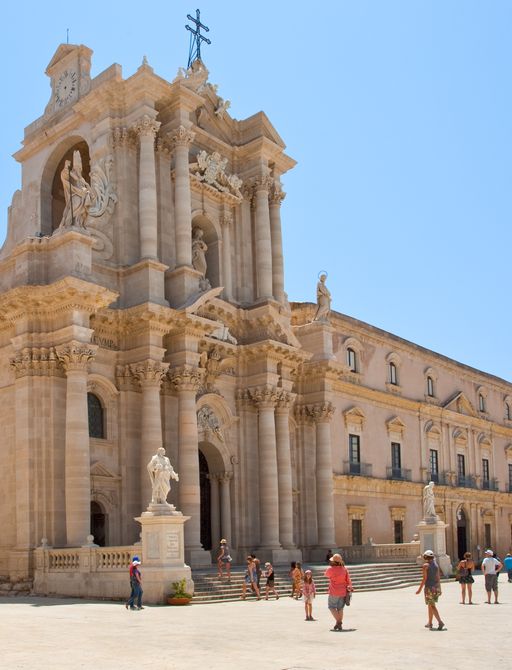 Syracuse Cathedral, or Santa Maria delle Colonne, which boasts an entire facade formed by the columns of an ancient Temple to Athena, Sicily 