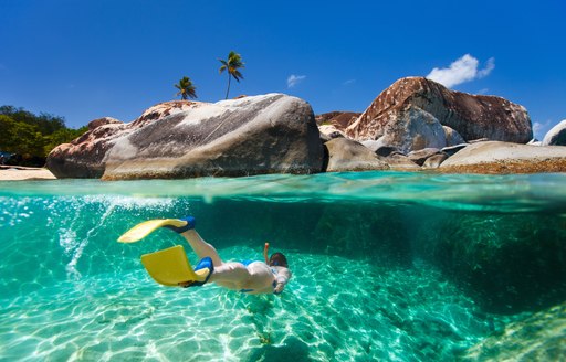 Snorkeler at the Baths on Virgin Gorda in the BVIs, Caribbean