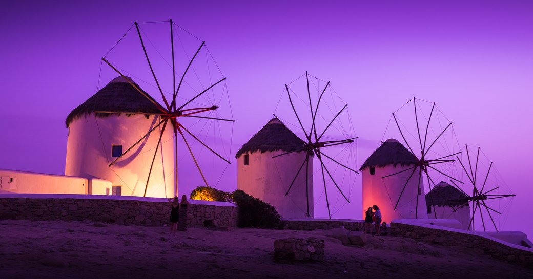 Windmills in Mykonos at sunset, Greece