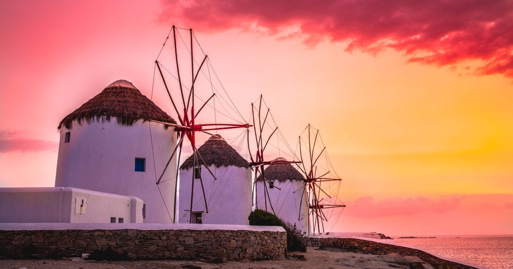 Windmills in Mykonos at sunset, Greece